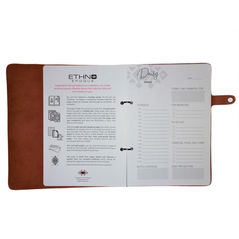 "Eternal" journal - reusable pages, ethnic design on vegan leather, pen with erasable ink