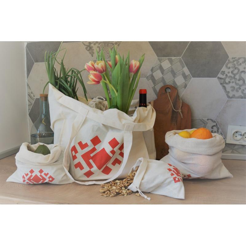 Reusable Produce Bags Set (5 Pack) | Ethno-inspired | Un-dyed Raw Cotton | Washable | Biodegradable | Eco-friendly | for Ethical Shopping
