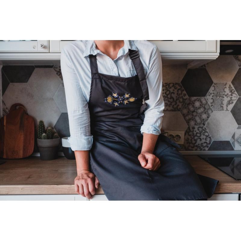 Apron with ethnic embroidery, Unisex, Unisize, Two front pockets, Extra-long waist-ties, Adjustable strap