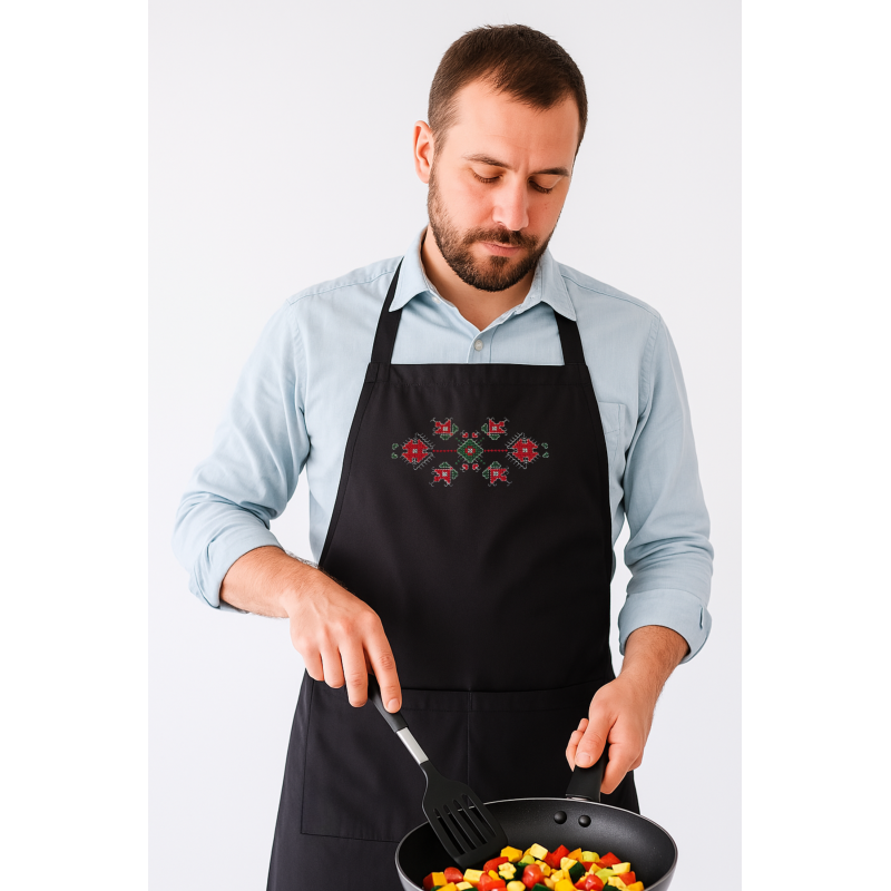 Apron with ethnic embroidery, Unisex, Unisize, Two front pockets, Extra-long waist-ties, Adjustable strap (Red, Green traditional embroidery)